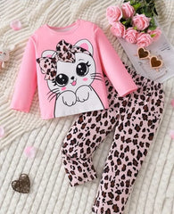 0001 Baby Pink Cute Kitty Printed Full Sleeves T-shirt with cheetah Printed Pajama Kids Suits (1 Pcs)