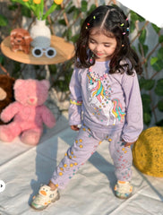 0001 Purple Unicorn Star Printed Full Sleeves T-shirt with Star Printed Pajama Kids Suits (1 Pcs)