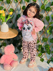 0001 Baby Pink Cute Kitty Printed Full Sleeves T-shirt with cheetah Printed Pajama Kids Suits (1 Pcs)