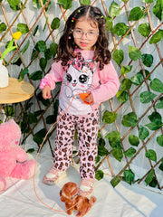 0001 Baby Pink Cute Kitty Printed Full Sleeves T-shirt with cheetah Printed Pajama Kids Suits (1 Pcs)
