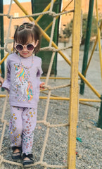 0001 Purple Unicorn Star Printed Full Sleeves T-shirt with Star Printed Pajama Kids Suits (1 Pcs)