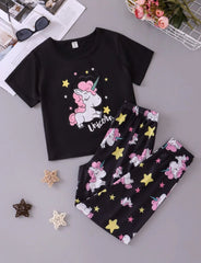 0000 Black Unicor Printed Half Sleeves T-shirt with Unicorn Printed Pajama Kids Suits