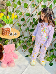 0001 Purple Unicorn Star Printed Full Sleeves T-shirt with Star Printed Pajama Kids Suits (1 Pcs)