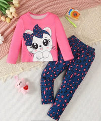 0000 Hot Pink Cute Kitty Full Sleeves T-shirt with Blue cheetah Printed Pajama Kids Suits (1 Pcs)