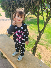 0001 Black Polka Dots Printed Full Sleeves T-shirt with Polka dot Printed Pajama Kids Suits (1 Pcs)