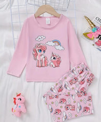 0001 Baby Pink Unicorn Rainbow Printed Full Sleeves T-shirt with Unicorn Printed Pajama Kids Suits (1 Pcs)