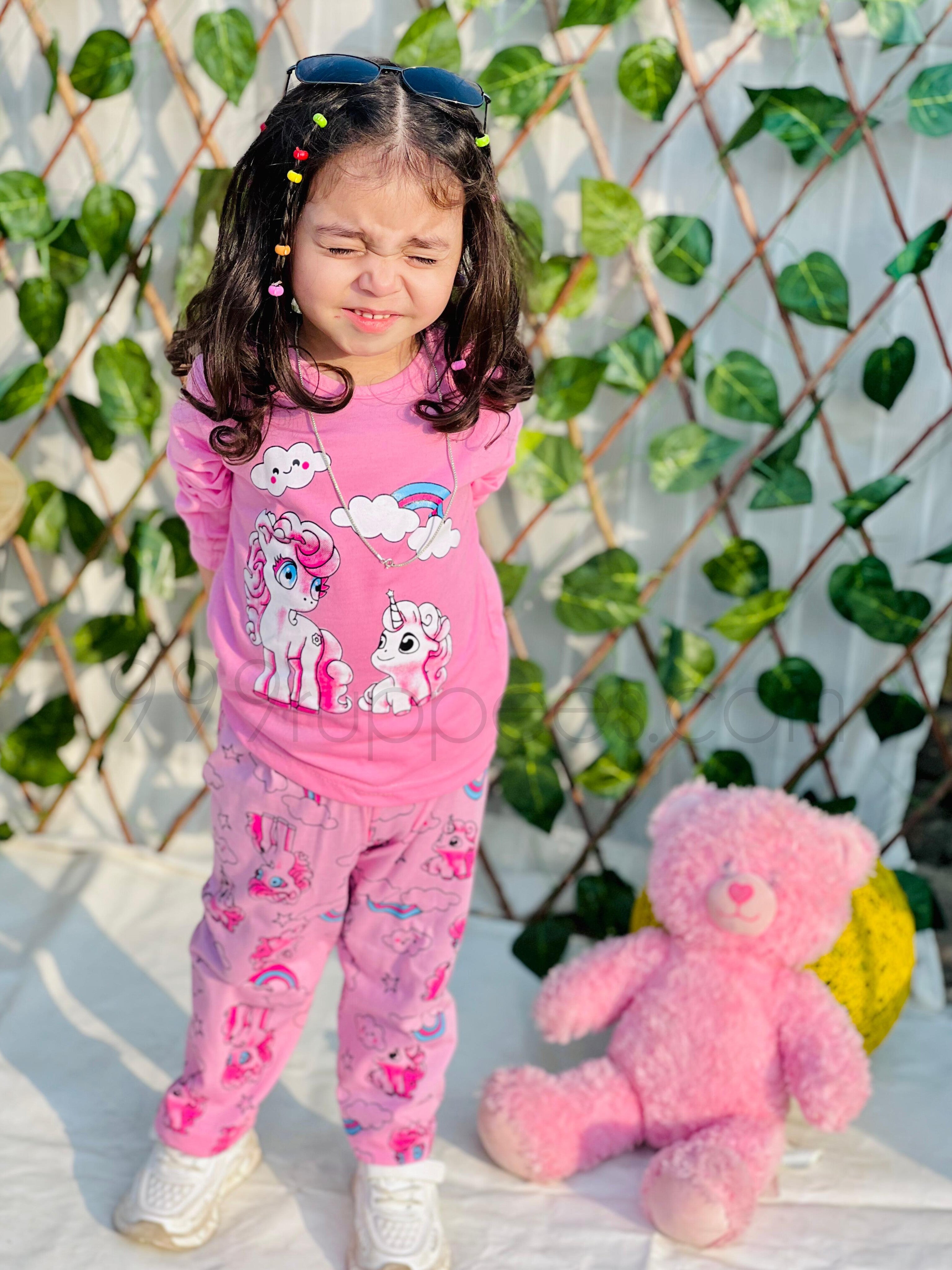0001 Baby Pink Unicorn Rainbow Printed Full Sleeves T-shirt with Unicorn Printed Pajama Kids Suits (1 Pcs)