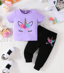 0001 Purple Unicorn Printed half Sleeves T-shirt with Black Printed Pajama Kids Suits (1 Pcs)