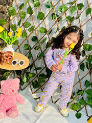 0001 Purple Unicorn Star Printed Full Sleeves T-shirt with Star Printed Pajama Kids Suits (1 Pcs)