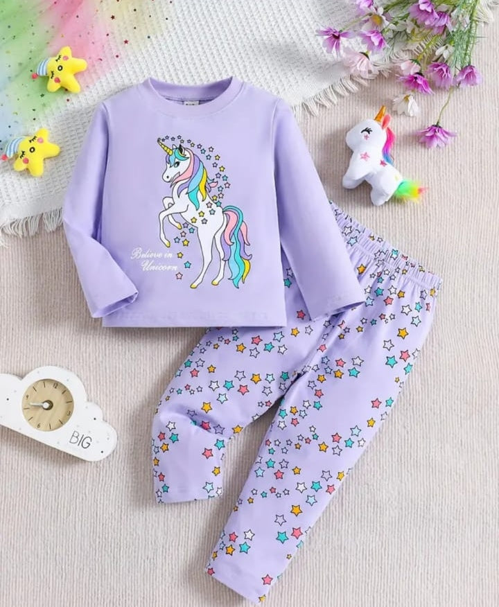 0001 Purple Unicorn Star Printed Full Sleeves T-shirt with Star Printed Pajama Kids Suits (1 Pcs)