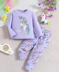 0001 Purple Unicorn Star Printed Full Sleeves T-shirt with Star Printed Pajama Kids Suits (1 Pcs)
