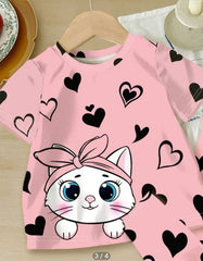 0001 Pink Cute Cat With Black Hearts Printed half Sleeves T-shirt with Heart Printed Pajama Kids Suits (1 Pcs)