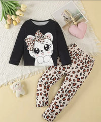 0000 Black Cute Kitty Full Sleeves T-shirt with Cheetah Printed Pajama Kids Suits (1 Pcs)