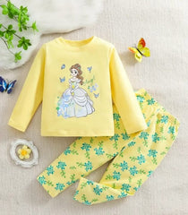 0001 Yellow Barbie Girl Printed Full Sleeves T-shirt with Flower Printed Pajama Kids Suits (1 Pcs)