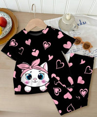 0001 Black Cute Cat With Pink Hearts Printed half Sleeves T-shirt with Heart Printed Pajama Kids Suits (1 Pcs)