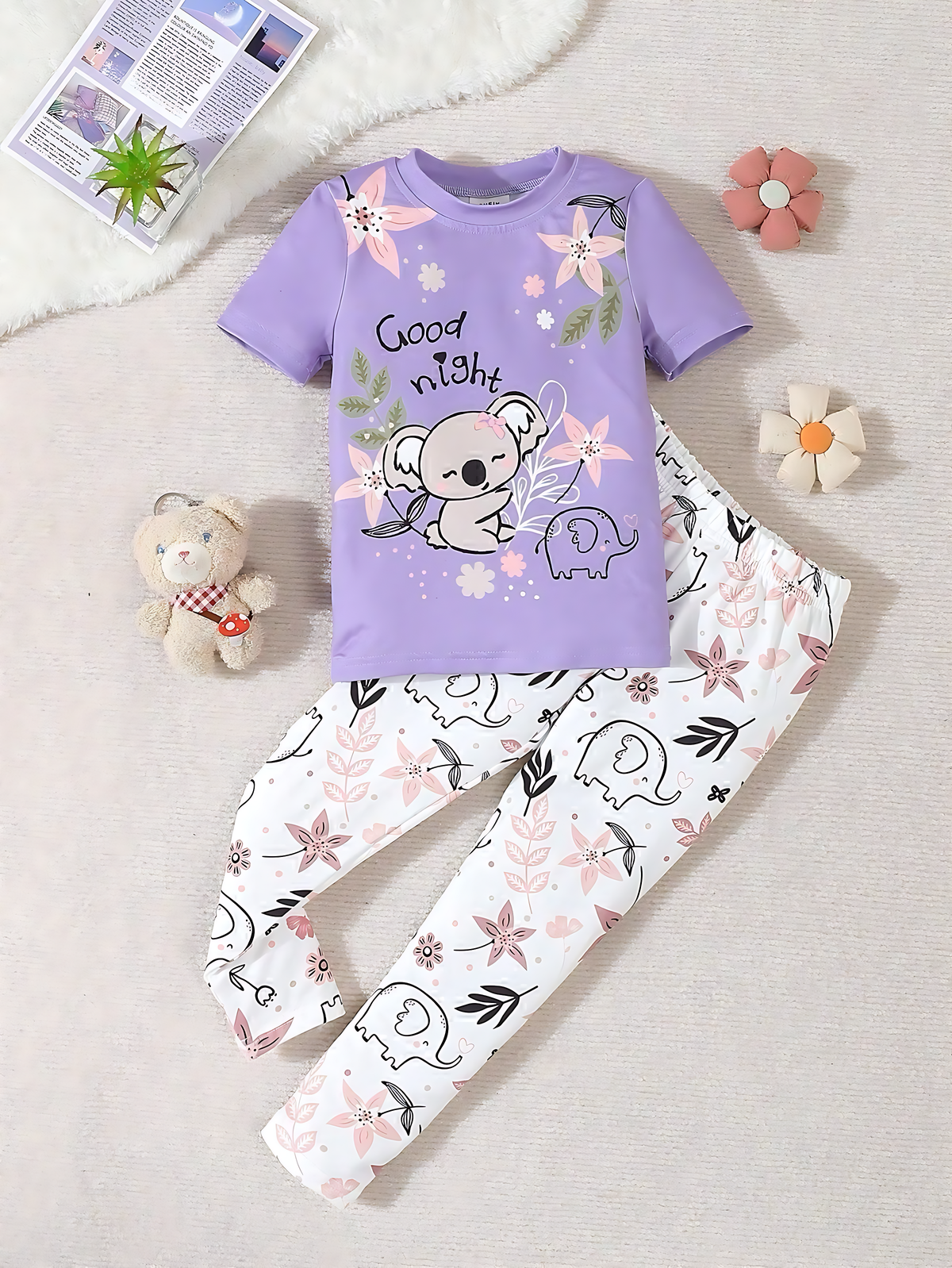 0000 Lilac Good Night Floral Bear  Printed Half Sleeves T-shirt with Floral Printed Pajama Kids Suits