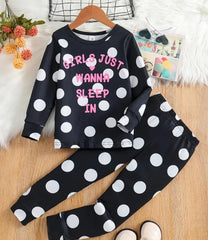 0001 Black Polka Dots Printed Full Sleeves T-shirt with Polka dot Printed Pajama Kids Suits (1 Pcs)